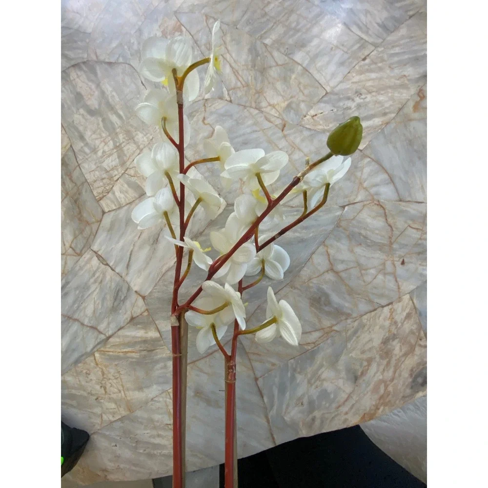 Faux White Orchid Arrangement in Iridescent Purple Ceramic Vase 22 Inch Floral